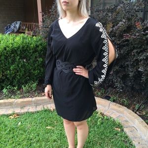 Slit sleeve beaded black mini dress